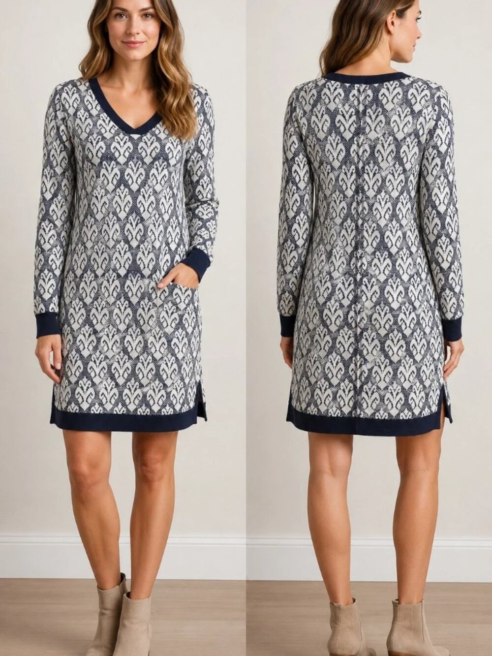 Hatley Black & White Cream Jacquard Patterned V-Neck Tunic Sweater Dress
